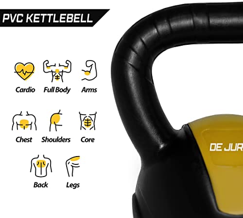 Image of De Jure Fitness PVC Kettlebell 3kg for Men & Women Strength & Cardio Training, Soft Grip, Crushed Concrete Filled, Full Body Workout Equipment for Home & Gym, Yellow Black