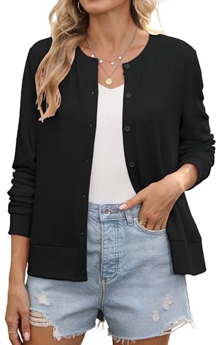 Hount Womens Long Sleeve Crewneck Button Down Cardigans Soft Knit Basic Open Front Lightweight Cardigan Sweaters