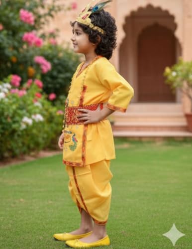 Image of BookMyCostume Cotton Krishna Dress For Baby Boy|Print Shri Krishna Costume For Kids With Patka,Flute,Mukut & Mala|Janmashtami Photoshoot Outfit|Fancy Dress Roleplay Costume For Kids|6-12 Months