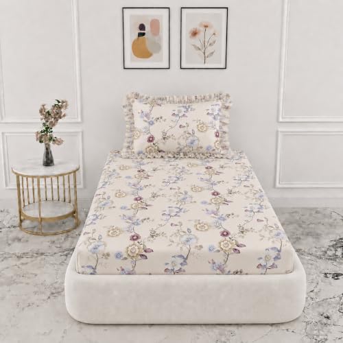 Image of VOMZER Single (36x72) 300 TC Soft Cotton Feel Microfiber All Around Elastic Fitted Single Bedsheet with 1 Frill Pillow Covers | Vintage Floral
