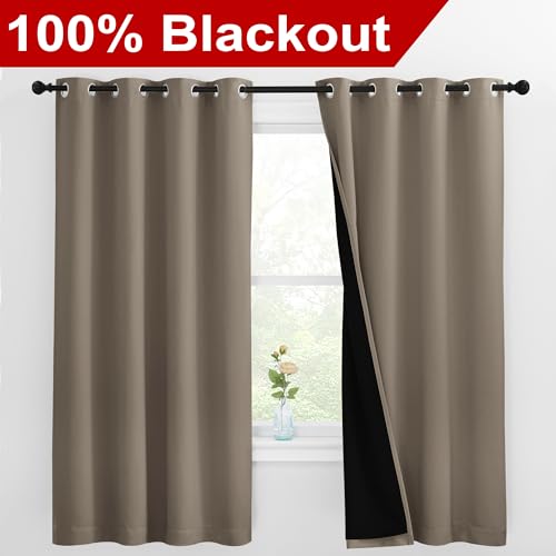 Image of NICETOWN 100% Blackout Curtains with Black Liners, Thermal Insulated Full Blackout 2-Layer Lined Drapes, Energy Efficiency Window Draperies for Bedroom (Taupe, 2 Panels, 55-inch W by 68-inch L)