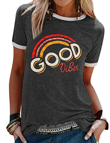 Dresswel Damen Good Vibes T-Shirt Regenbogen Muster Shirt Rundhals Kurzarm/Langarmshirt Oberteile Hemd Tops Bluse(11-Dark Grey,M)