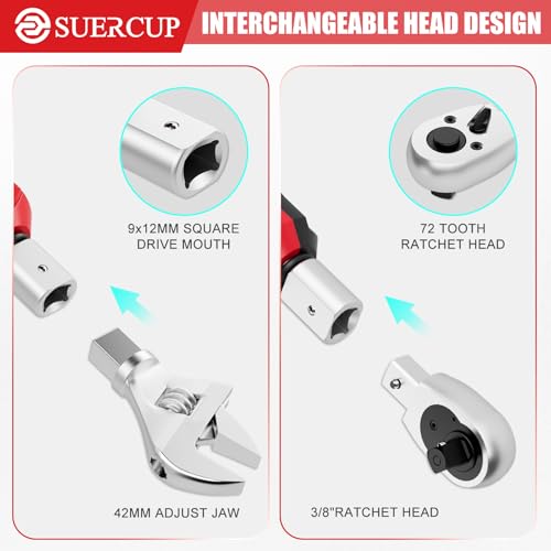 Image of SUERCUP 9x12 mm Adjustable Digital Torque Wrench, 0.66-44.29Ft.Lb /0.9-60N.m | Interchangeable Open End Head 42mm Jaw & 3 /8 inch Ratchet, Vibration /Buzzer /LED Alert, for Split AC, HVAC, Bike & Moto Repair