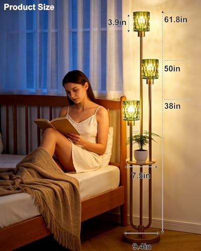 Image of Lightdot 3-Lights Glass Floor Lamp for Living Room Modern Gold Floor Lamp with Green Glass Shade for Wedding /Party Farmhouse Tall Standing Lamp with 5Lb Heavy Base for Bedroom /Sofa Beside /Corner Decor