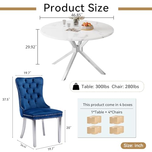 Image of 5-Piece Round Dining Table Set for 4, Modern Faux Marble Kitchen Table and Blue Velvet Chairs Set of 4, Luxury 45 inch Circle White Silver Dining Room Tables with Stainless Steel Cross Legs