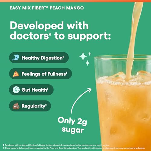 Image of Physician's CHOICE Easy Mix Fiber for GLP-1 Support - No Grit - Daily Prebiotic Soluble Fiber Powder Supplement for Women and Men - Peach Mango - 30 Servings