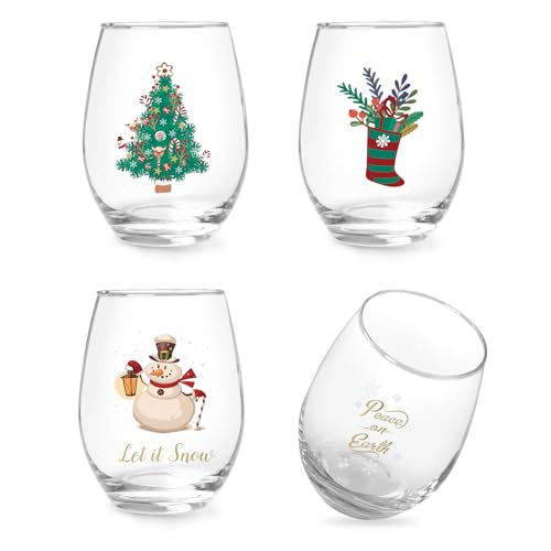 Christmas Wine Glass Set of 4, Ner Year Stemless Wine