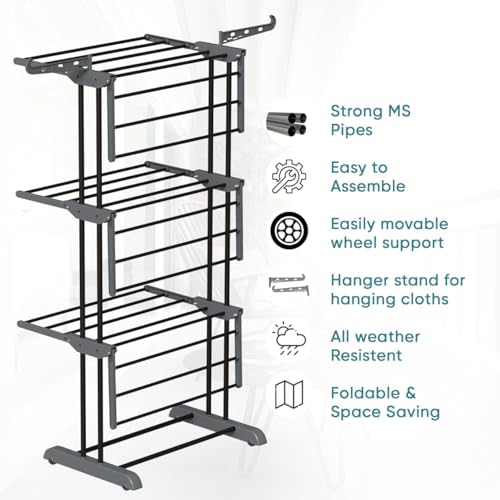 Image of TEKCOOL Foldable Cloth Drying Stand Stainless Steel - 3 Tier Heavy-Duty Clothes Dryer for Balcony, Indoor & Outdoor Use | with Wheels & Hanger Slots | Rust-Proof Laundry Rack (Grey, 3 TIRE):;