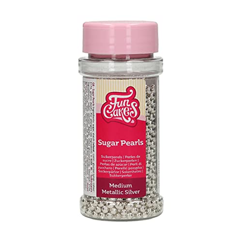 FunCakes Perles en Sucre Moyennes Argent Métallique: sprinkles gâteau, bon goût, parfait pour la décoration de gâteaux, perles de sucre comestibles. 80 g.