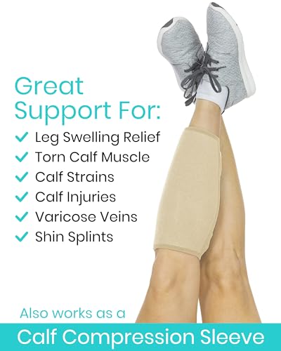 Image of Vive Calf Brace - Adjustable Shin Splint Support - Lower Leg Compression Wrap Increases Circulation, Reduces Muscle Swelling - Calf Sleeve for Men and Women - Pain Relief (Beige)