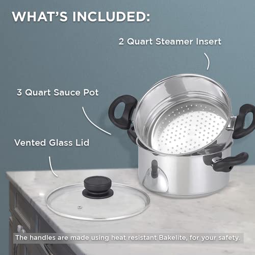 Nevlers 3 Piece Premium Heavy Duty Stainless Steel Steamer Pot Set Includes 3 Quart Cooking Pot , 2 Quart Steamer Insert And Vented Glass Lid | Stack And Steam Pot Set For All Cooking Surfaces #TOP6
