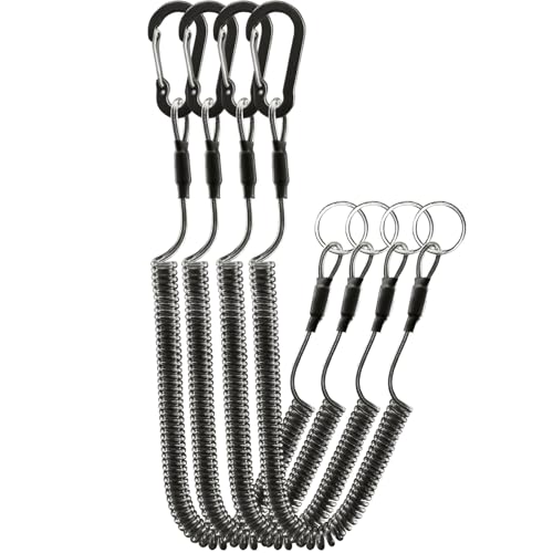 Retractable Safety Coiled Lanyard, Premium Fishing Lanyard, Stretchy Coiled Lanyards, Fishing Pole Tether, Equipment Tool Tether Leash with Carabiner Clip for Fishing, Pliers, Boating, Outdoors(4pc)