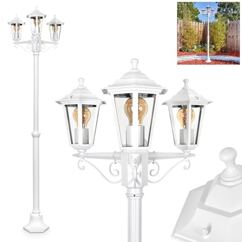 Lampadaire Loria, éclairage extérieur de chemin en métal/verre blanc/clair, au design vintage/antique/rustique pour jardin/extérieur/cour/terrasse, 200 cm...