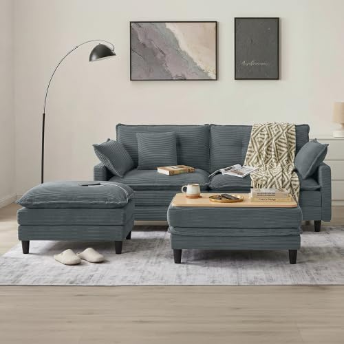 Image of Corduroy Storage Ottoman Coffee Table for Modular Sectional Couch, Corduroy Footrest Extension with Hidden Storage, Modern Soft Cushioned Stool for Living Room, Gray