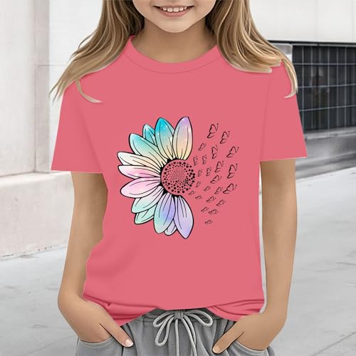 Girls Loose Fit Sunflower Graphic T Shirts Short Sleeve Crewneck Cute Pattern Printed Tops Kids (A-Pink, 6-7 Years)4