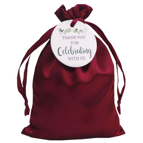 30PCS Burgundy Satin Gift Bags with Drawstring and Thank You Tags, 5x7 Inches Silk Jewelry Bags, Party Favor Bags, Cloth Candy Bags for Baby Shower, Bridal Shower, Christmas, Birthday, Wedding