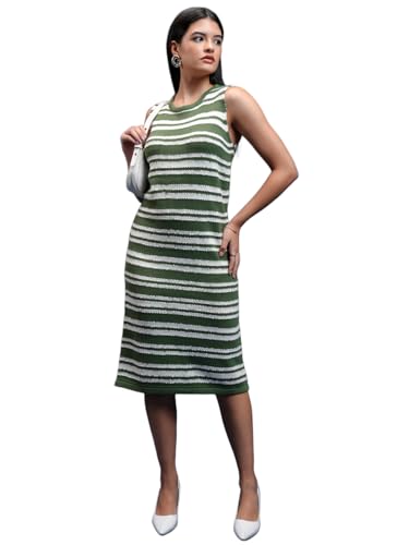 Image of Tokyo Talkies Women Tofu & Jet Black Sleveless Striped Sheath Sweater Dress