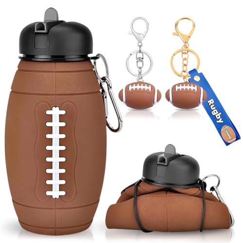 JhavexToy Bottiglia d'acqua Pieghevole per Bambini e Adulti, Borraccia Silicone Design Rugby 550ML, senza BPA, Borraccia Con Portachiavi da Rugby, Adatta a Campeggio Viaggi Sport