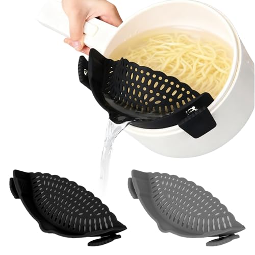 2 Piezas Escurridor Pasta, Silicona Colador, Resistente al Calor Gadgets Cocina para Ollas y Sartenes de Hasta 26CM, Pasta, Patatas, Verduras (Gris, Negro)