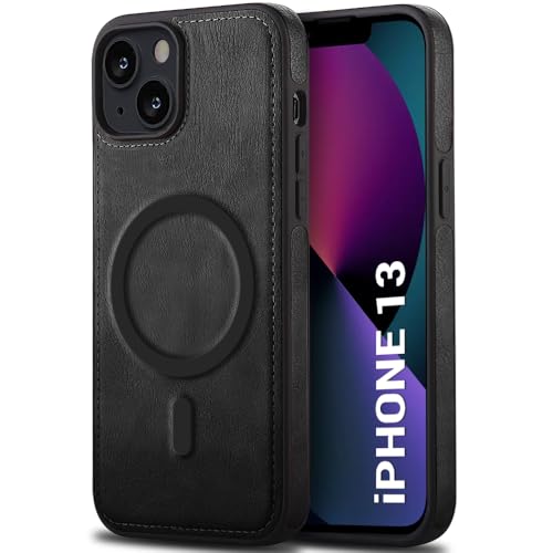 Image of TheGiftKart Genuine Leather Finish Back Cover Case for iPhone 13 | Shockproof Design | Raised Edges for Camera & Screen Protection | Stunning Minimalist Design Case Cover (MagSafe Compatible, Black)