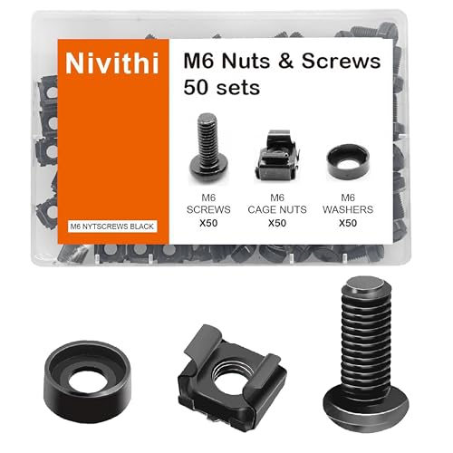 Nivithi - Nivithi SR620 M6x20 Server Rack Cage Nuts and Rack Screws Kit 50 Sets, Black Zinc M6 Nut for Rack Mount Cabinets, Includes Screws+Nuts, Fits 1U 2U 6U