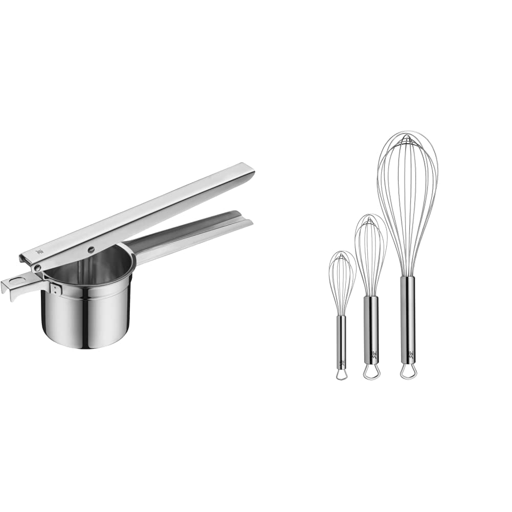 WMF Gourmet Multipresse 26,5cm, Kartoffelpresse, Cromargan Edelstahl, spülmaschinenfest & Profi Plus Schneebesen Set 3-teilig, Cromargan Edelstahl teilmattiert, Rührbesen, Quirl, spülmaschinengeeignet