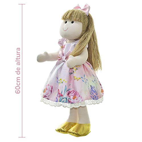 Boneca de Pano Pri com vestido rosa floral jardim encantado com borboletas