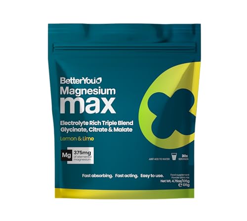 BetterYou Magnesium Glycinate, Citrate & Malate Supplement | Magnesium Max Powder - Lemon & Lime Flavoured, 3-in-1 Powder 375mg Elemental Absorbtion, Fast Absorbing, Fast Acting & Easy to Use