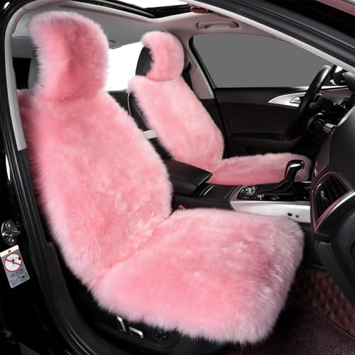 Image of 2 Pack Pink Fluffy Sheepskin Car Seat Covers for Soft Auto Fur Pet Cushion