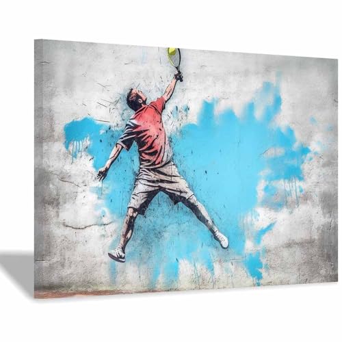 Peinture tennis graffiti TERUEA bleu 40x60cm encadrée pour habiller un mur vide rapidement