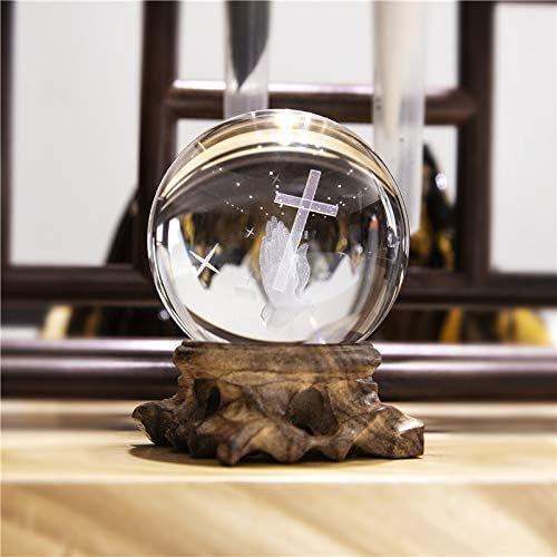 HDCRYSTALGIFTS 3D Cross Crystal Ball Paperweight Full Sphere Glass Fengshui with Woonden Base Praying Religious Gifts for Women Christian Home Decorations (60mm)