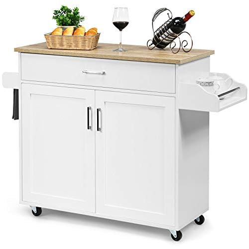 FANTASK Carrito Isla de Cocina con toallero y Estante para Especias, Armario de Cocina con cajón y Estante Regulable en Altura, con Ruedas