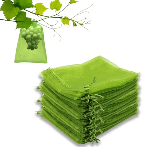 Leeyunbee 100 Piezas Bolsas Protectoras para Uvas, 20 x 30 cm Bolsa de Protección de Frutas, Bolsa de Organza con Cordón, para Proteger contra Pájaros, Avispas y Otros Insectos (Verde)