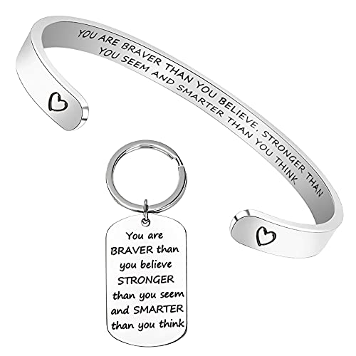 LightOnIt Cuff Bracelets for Women Personalized Teen Girls Bracelet Inspirational Gifts for Her Engraved Causual Bangle Bracelet & Keychain Set