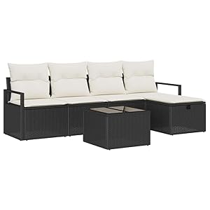 vidaXL Conjunto de Sofás de Jardín de 6 Piezas con Cojines en Rattan Negro, Patas Ajustables, Diseño Tejido a Mano, Modular, para Exteriores, Muebles de Terraza, Sala Lounge, Patio, Sofá al Aire Libr