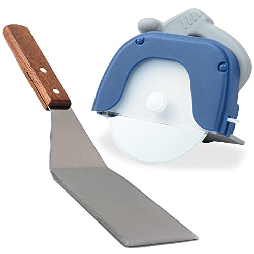 Image of P-Plus International Pizza Cutter and Serving Turner - Pizza Serving Turner - Pizza Cutter Tool - Pizza Spatula - Pizza Cutter Wheel (Set of 2, Pizza Cutter - Blue)