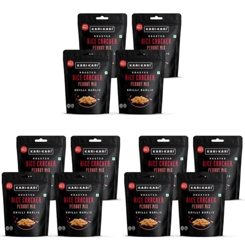 Image of Kari Kari Chilli Garlic Rice Cracker & Peanut Mix | Crunchy Japanese Snacks | Roasted, Non-Fried Healthy | 100% Vegetarian | Party (56g x Pack of 12)