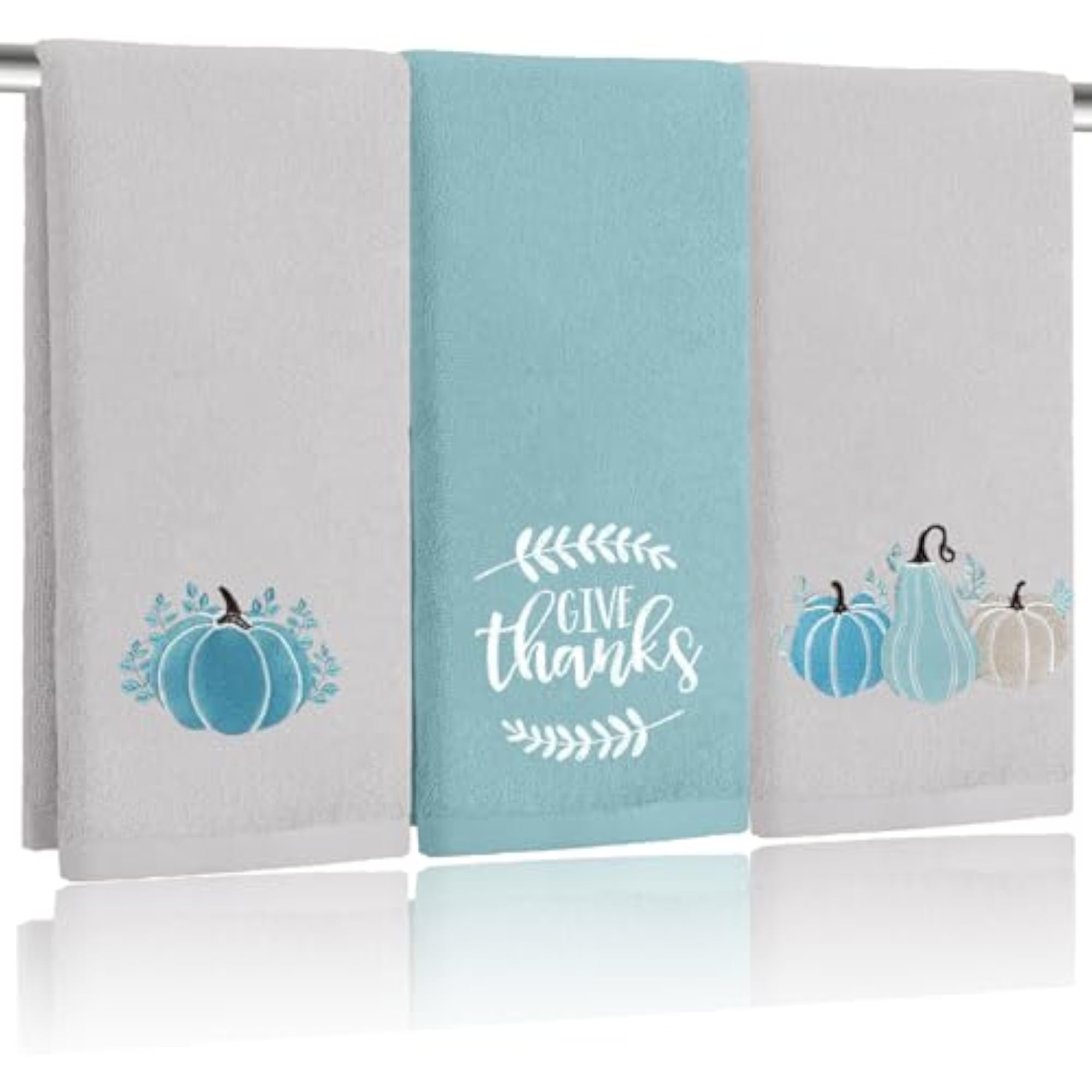 3 Pcs Blue Fall Hand Towels, Cotton Embroidered