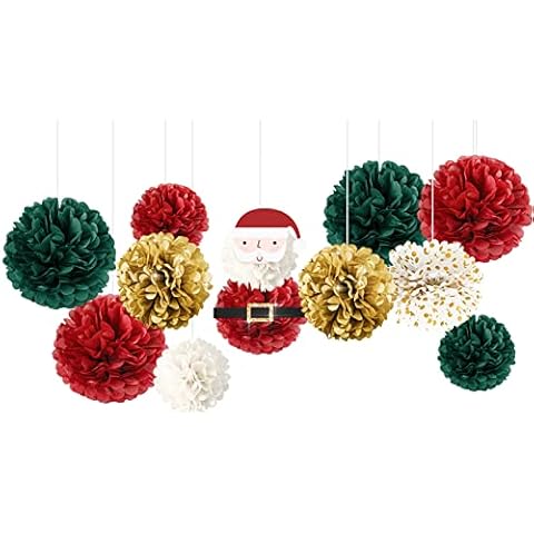 NICROHOME Christmas Party Decorations, 12 PCS Red Santa Tissue Paper Pom Poms for Christmas Ornament, Birthday, Xmas Decorations, New Year's Eve Fiesta Celebration Events Cover