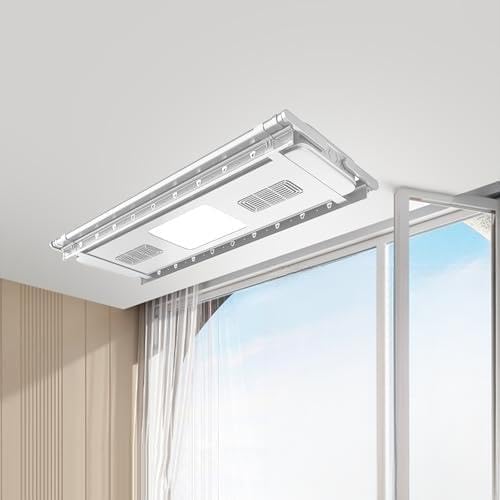 Foldable Space-Saving Clothes Rack Floor-Standing Clothes Rack Tripod Portable Rotating Clothes Rack，Automatic Ceiling-Mounted Clothes Drying Rack with Remote Control, Space-Saving Laundry S