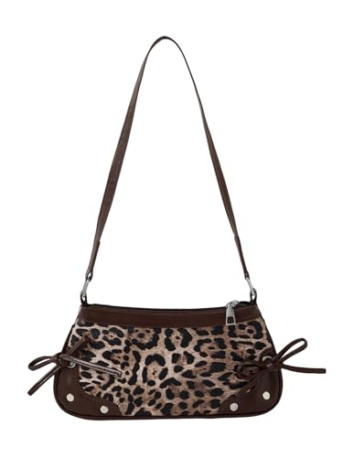 Image of QWINEE Women's Leopard Print Purse Y2k Cheetah Shoulder Bag Bow Studded Clutch Zipper Adjustable Strap Underarm Bag