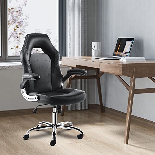 Image of OLIXIS Ergonomic Gaming Office Chair - PU Leather Executive Swivel Computer Desk Chair with Flip-up Armrests and Lumbar Support for Working, Studying, Gaming, Grey, Black (95black)