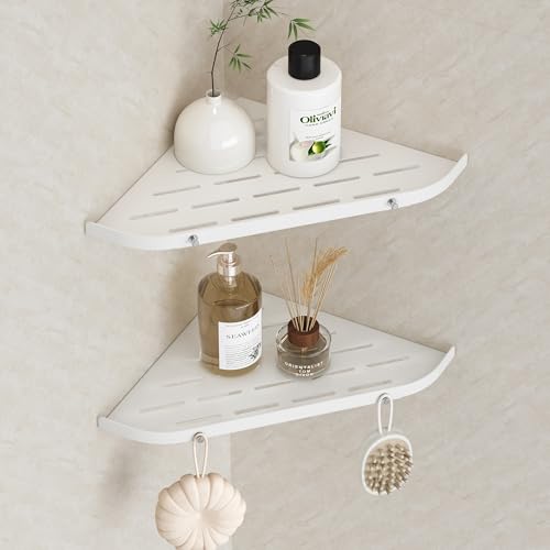 Neodrain Shower Corner Shelf SUS304 Stainless Steel Shower Organiser No Drilling White Shower Caddy with Hooks Shower Storage for Bathroom Kitchen