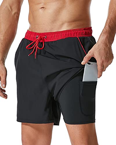 SILKWORLD Mens Swim Trunks with Compression Liner 2 in 1 Quick Dry Bathing Suit Beach Shorts with Zipper Pockets2