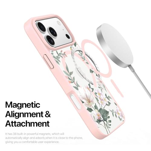 Image of VONZEE Back Cover Case Compatible with iPhone 17 Pro Case Luxury Retro Flowers Floral Clear for Magnetic Wireless Charging Case Shockproof PC+TPU Cute Glossy Shiny Cover for Girls Women, 6.3'' Pink