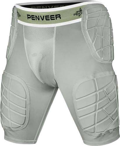 Penveer 5.0 Youth Football Girdle for Boys with Cup Pocket - Padded Compression Shorts with Integrated Hip, Thigh & Tailbone Pads for Maximum Protection (Grey, YL)