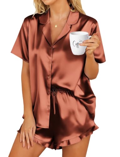 Image of HOTOUCH Womens Satin Pajamas Set Button Down 2 Piece Ruffle Shorts Set | Cute Short Sets, 2 Piece Pjs, Soft Silk Stain, Ruffle Shorts, Lightweight Sleepwear