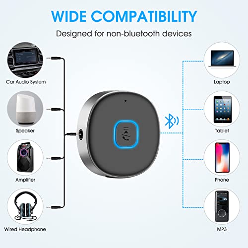 Bluetooth Aux Receiver for Car, Portable 3.5mm Aux Bluetooth Car Adapter, Bluetooth 5.0 Wireless Audio Receiver for Car Stereo/Home Stereo/Wired Headphones/Speaker, 16H Battery Life