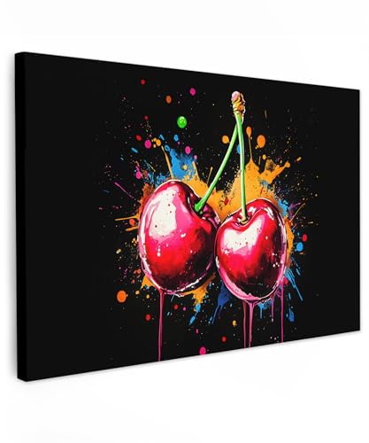 MuchoWow© Impression sur Toile Photo Peinture 120x80 cm Tableau Decoration Murale Chambre Salon Maison Deco Cuisine Cerises - Fruit - Graffiti - Peinture - Abstrait -...