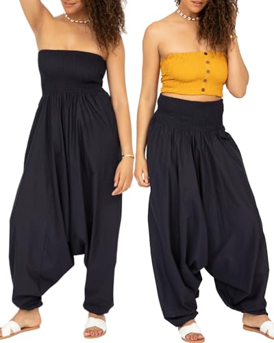 likemary Jumpsuit Damen Sommer – 2-in-1 Baumwoll Jumpsuit wird zur Haremshose – Lang geschnitten mit Taschen – Boho Pump...